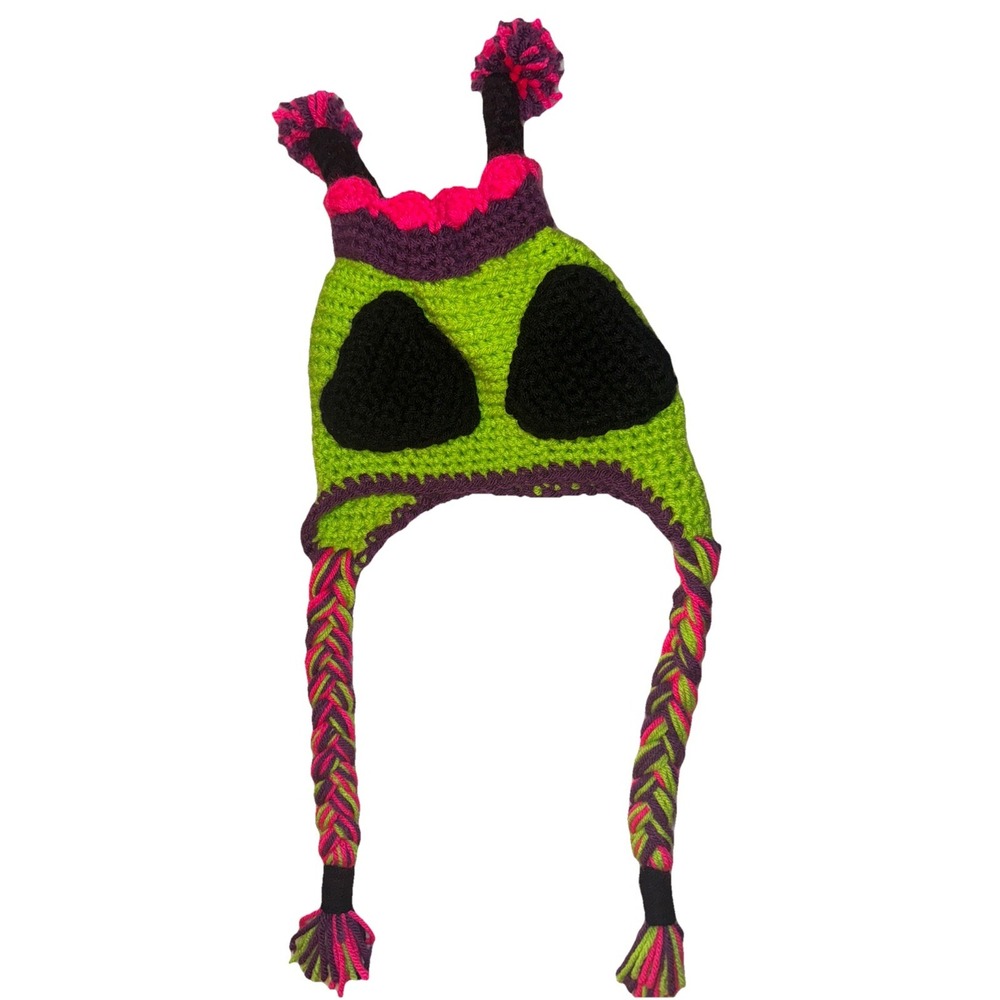 Handmade Crochet Alien Winter Earflap Hat Tassels Unique Funny OSFM